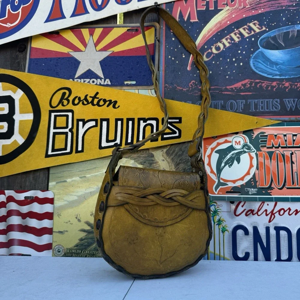Vintage 1960s‎  Handmade Leather Saddlebag Braided Tuck on Front